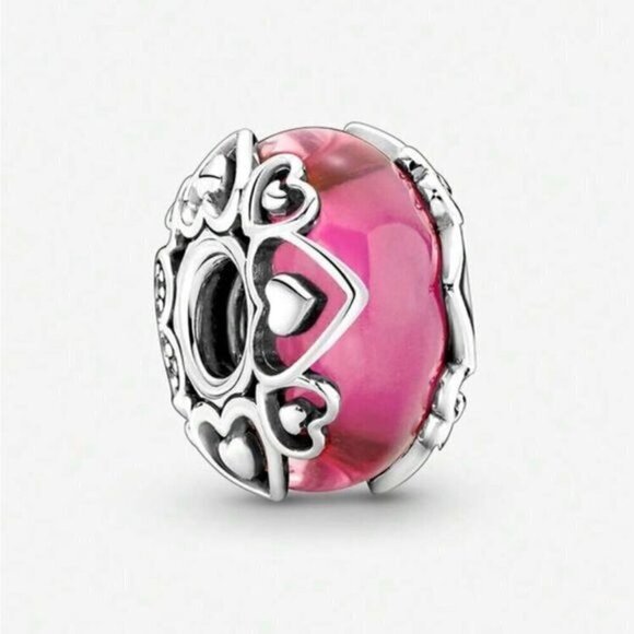 925 Sterling Silver Jewelry Pink Murano Glass Chain Love Charm - Picture 1 of 4